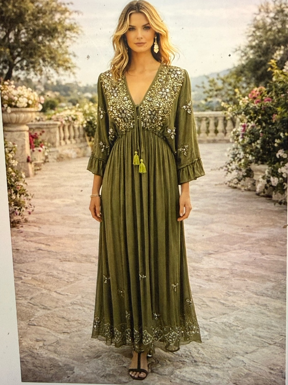 Embellished Olive Green Maxi Dress with Tassel Ties